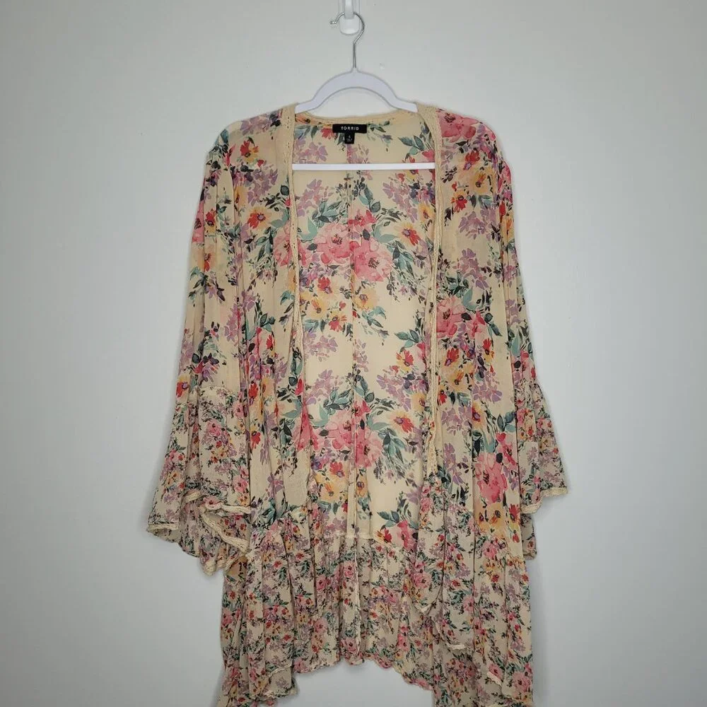 Torrid Ruffle Kimono Chiffon Floral Tan boho cover up beachy vacation size 4x - Picture 3 of 9